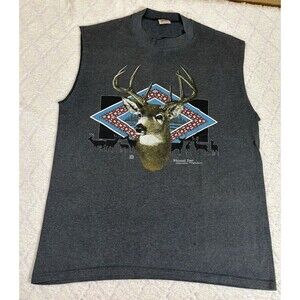 Vintage 1991 Whitetail Deer Hunting Nature USA Made Cut Off Shirt Size L Jerzees